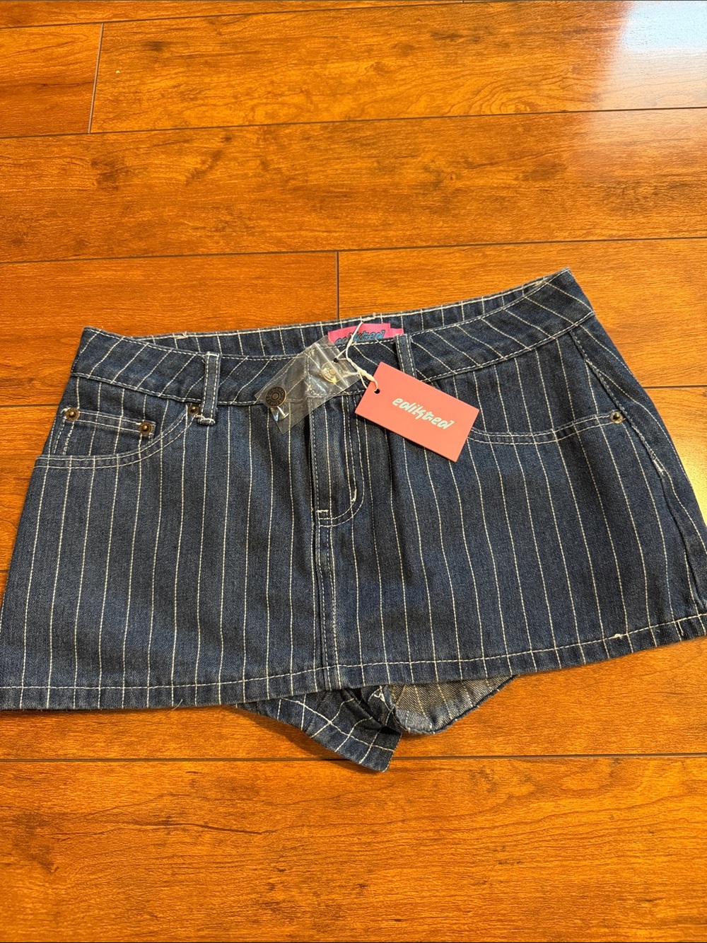 Edikted Dark Blue Pinstripe Denim Mini Skort
